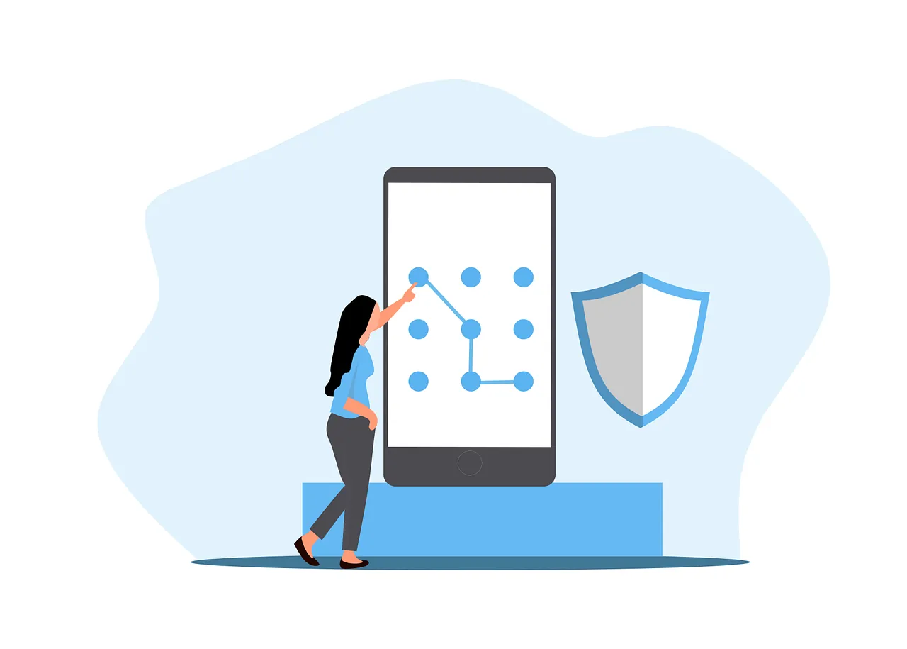 Unlocking a phone with a secure pattern next to a shield
